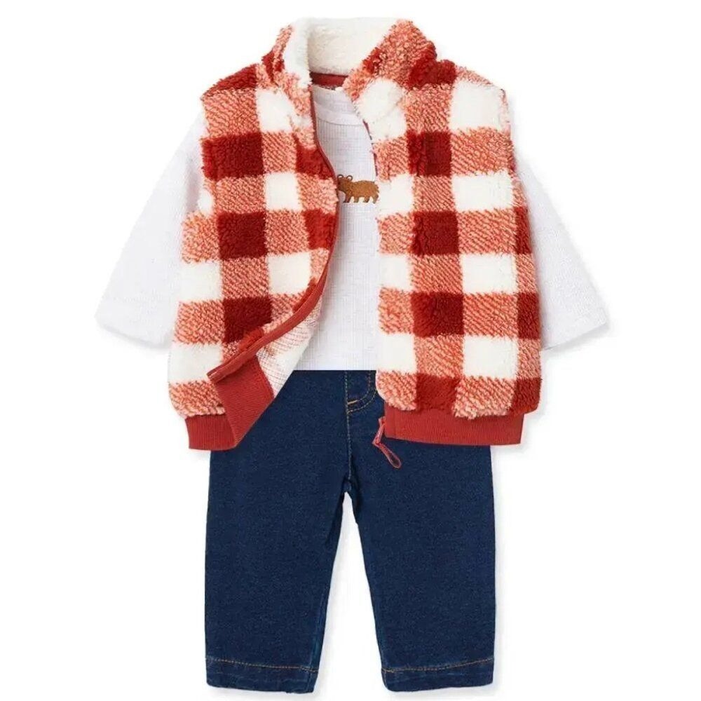 Carters 3pc Vest Set Baby Boys 9M Red Buffalo Plaid Sherpa Bear New
